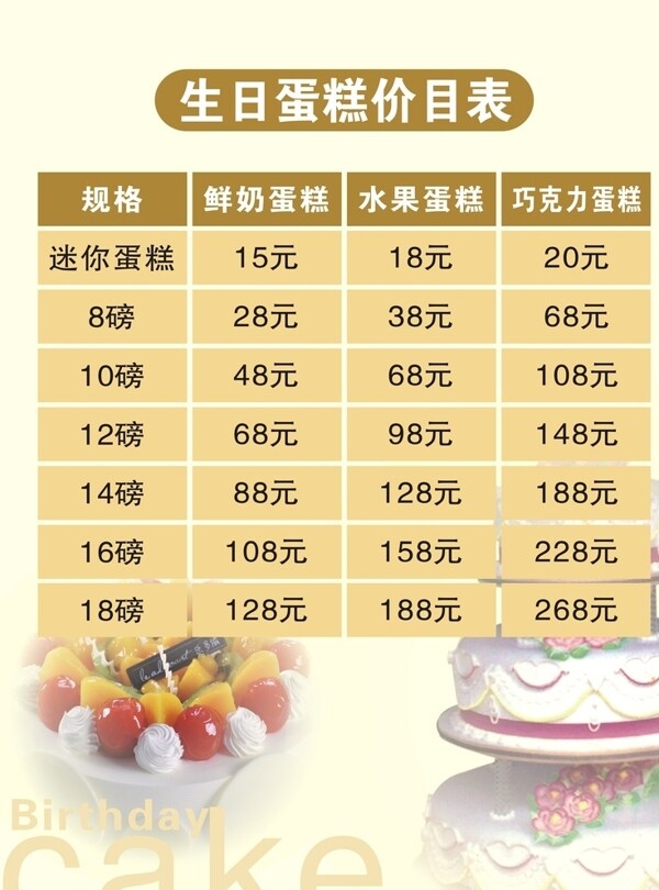 蛋糕價目表圖片