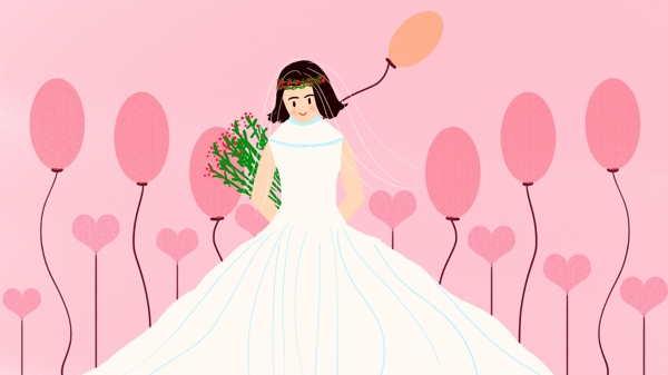 小清新气球爱心下的美丽新娘壁纸插画
