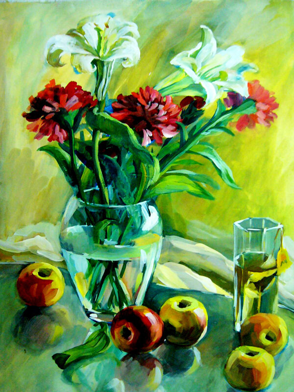 花瓶与水果油画图片