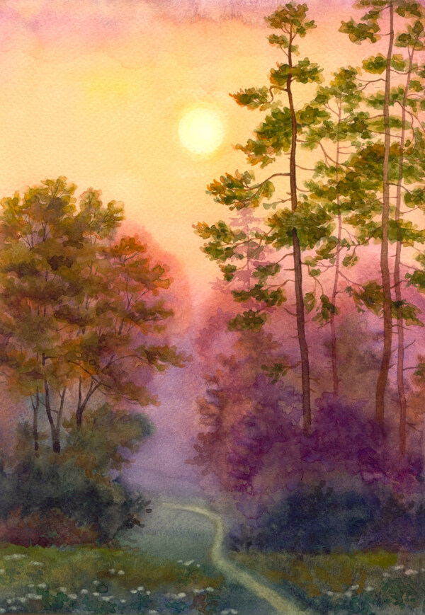 树林风景水彩画图片