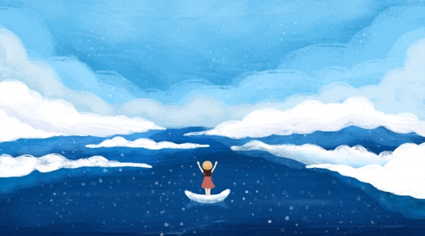 蓝天蓝色海洋飘浮的小船上的小女孩卡通背景