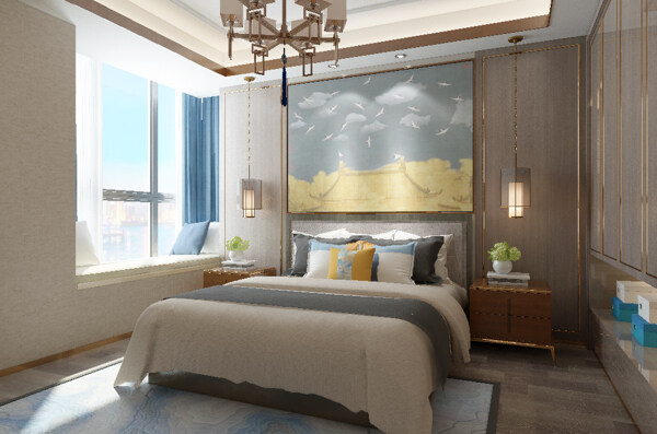 新中式温馨卧室效果图