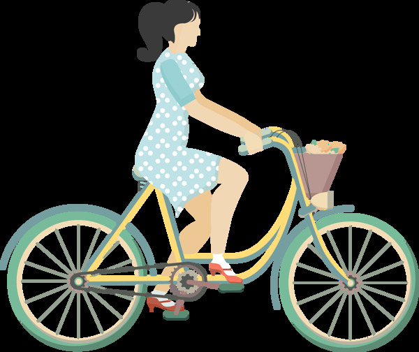 蓝衣女骑自行车插画免抠png透明图层素材