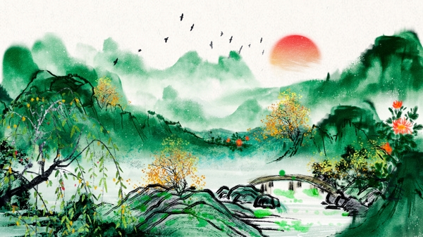 唯美复古风景画中国水墨画中国水彩画插画