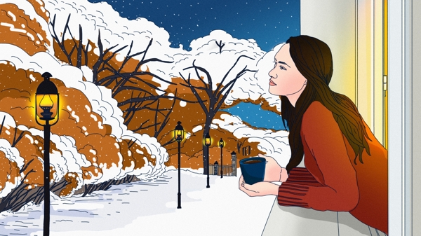 原创冬季欣赏窗外街景小雪少女手绘插画