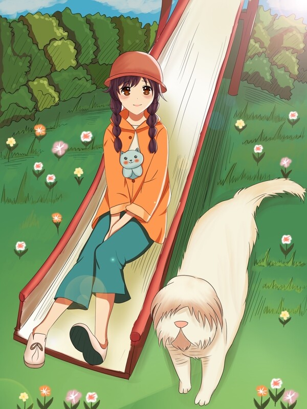 原创手绘插画女孩和狗狗在公园里滑滑梯