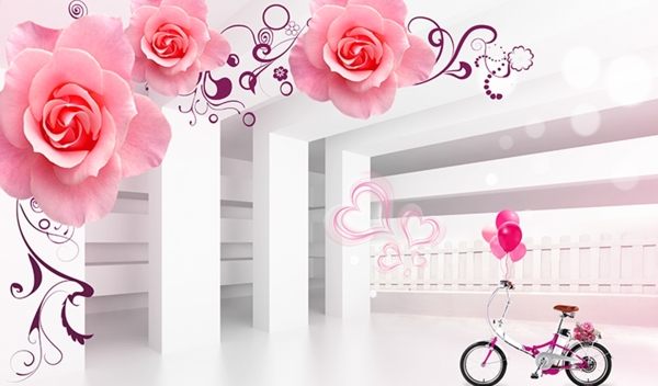 玫瑰花花纹单车空间背景墙