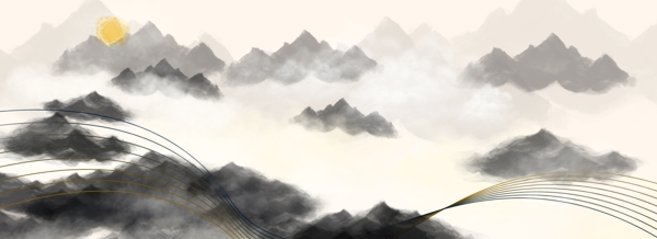 中国水墨远山云雾缭绕日出背景