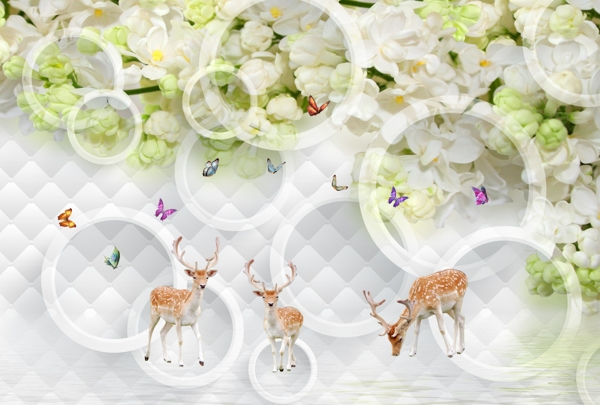 麋鹿花卉3D软包背景墙装饰画