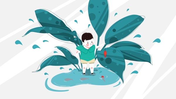 治愈系小清新原創(chuàng)插畫釣魚小女孩