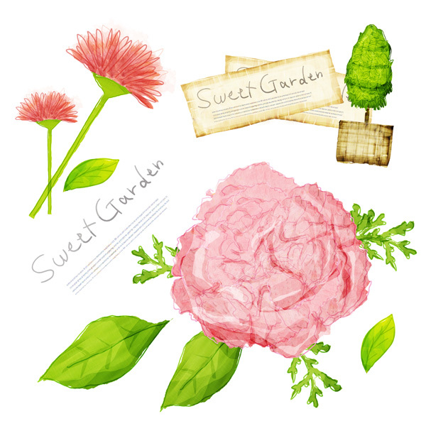 花朵與綠葉插畫