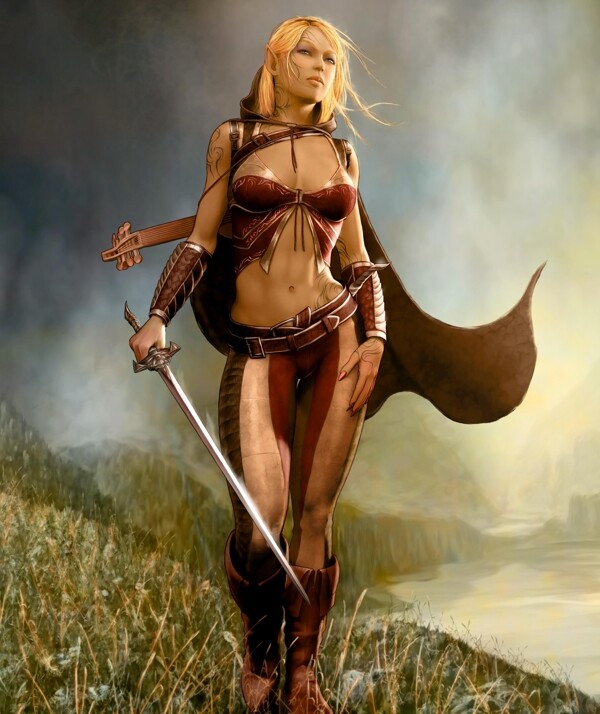 披着风衣拿着宝剑的古代女战士图片