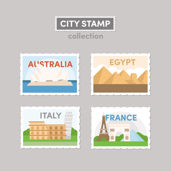 4款清新外国旅游建筑邮票元素