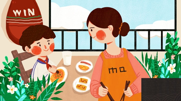 開學(xué)季媽媽煮早餐小孩開學(xué)可愛簡約原創(chuàng)插畫