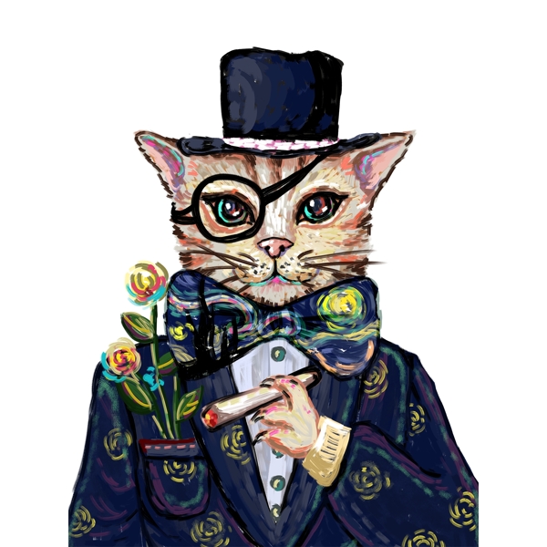 油画绅士猫咪手绘插画设计