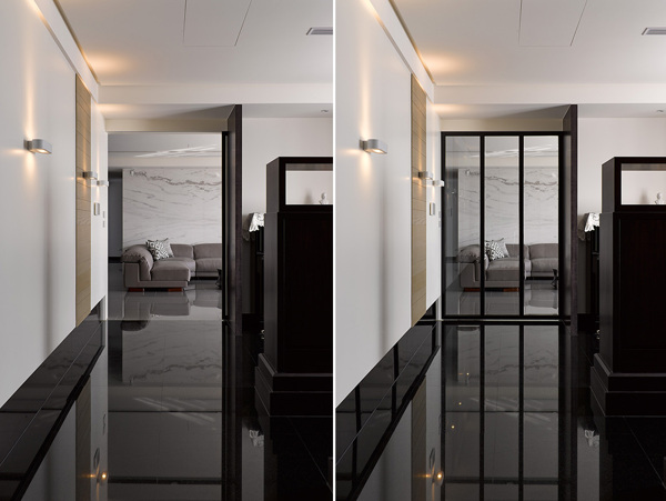 现代质感客厅黑色亮面地板室内装修效果图