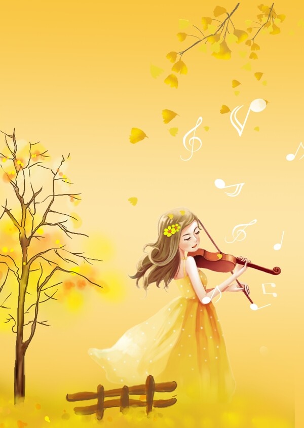 小女孩拉小提琴插画海报背景