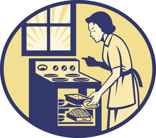 在烤箱烘烤面包炉复古的家庭主妇