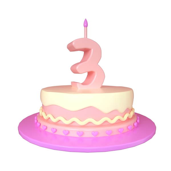 C4D可爱立体3周岁生日蛋糕装饰