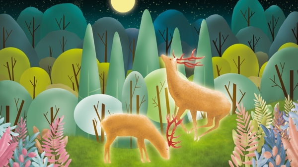 森林与鹿原创扁平风插画