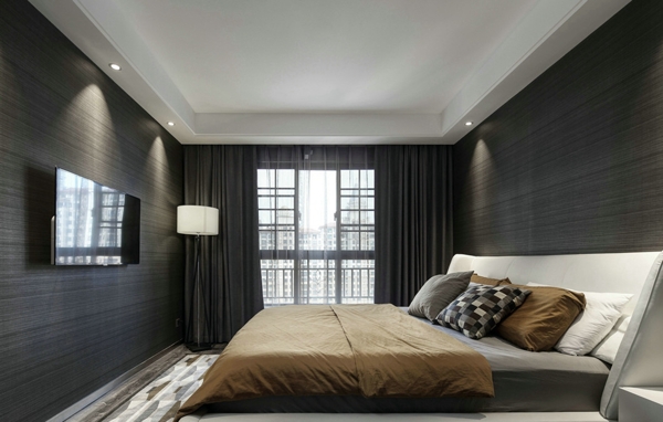 现代工艺风卧室深灰色背景墙室内装修效果图
