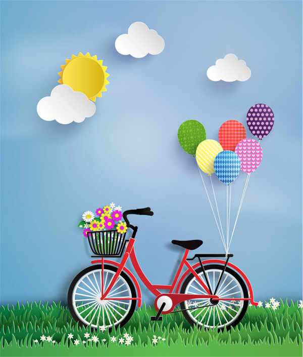 红色自行车和彩色气球图片