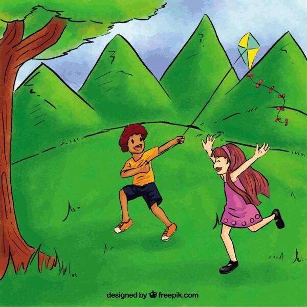 快乐的孩子们在公园里玩风筝