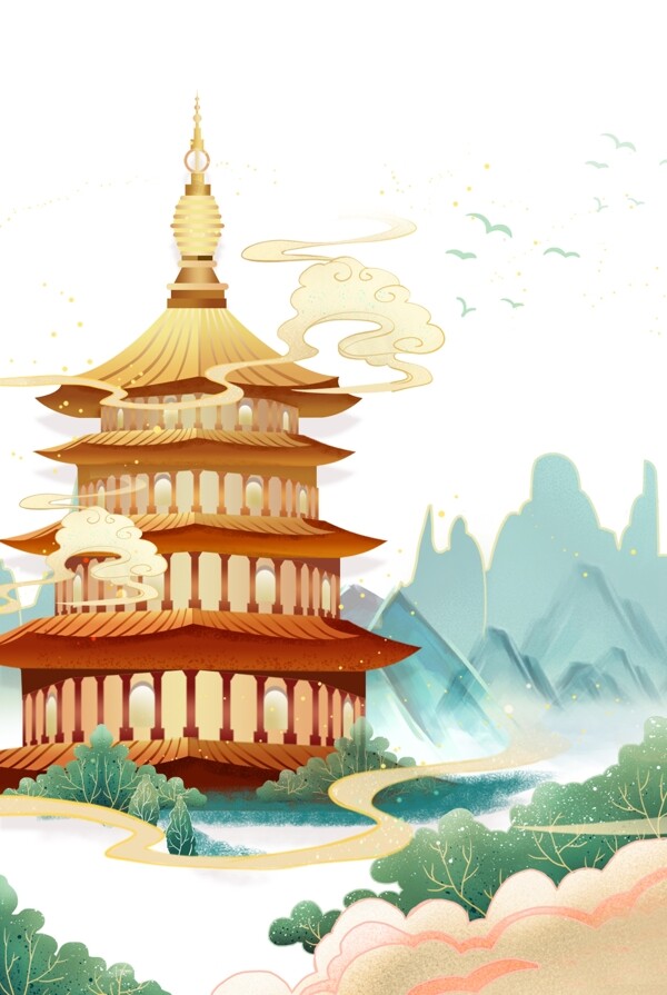 中国风绘画建筑塔图片