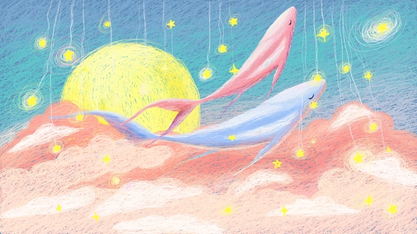 线圈画粉色大海与鱼