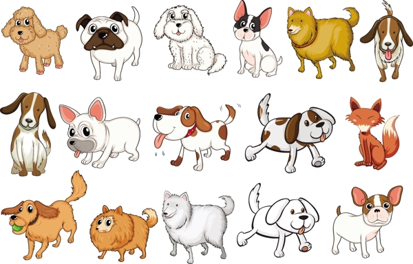 白色背景下不同品种狗的插图