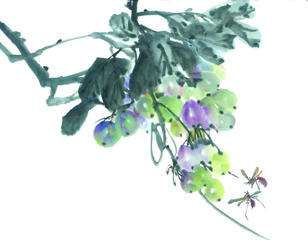 中國風(fēng)水墨畫魚蔬菜籃子中華藝術(shù)繪畫