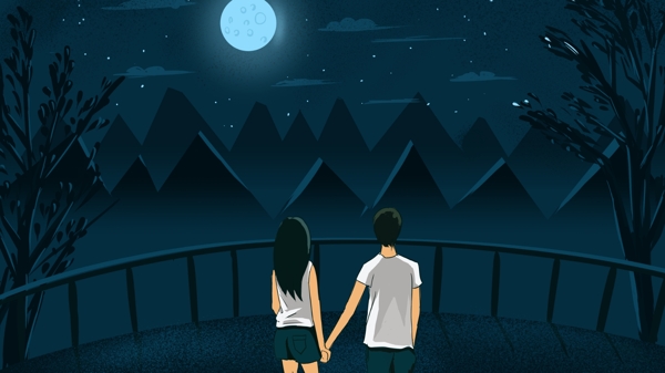 山顶月光下一起欣赏夜景的情侣七夕插画海报