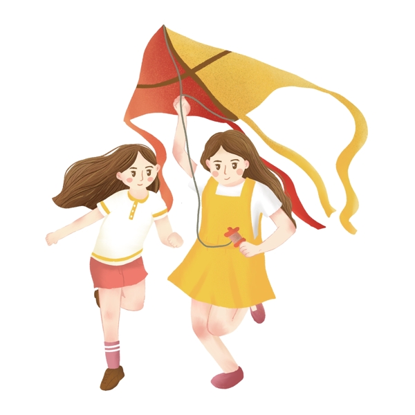 手繪放風(fēng)箏的少女免摳元素