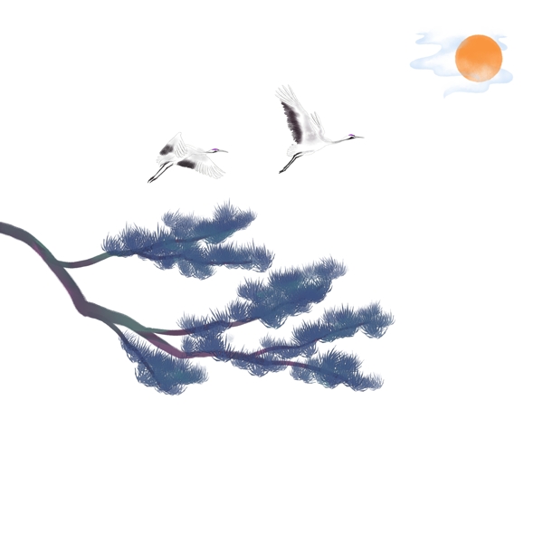 卡通手绘中国风松树仙鹤