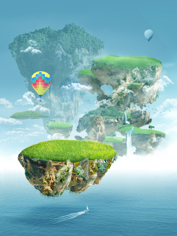 热气球与悬浮岛图片