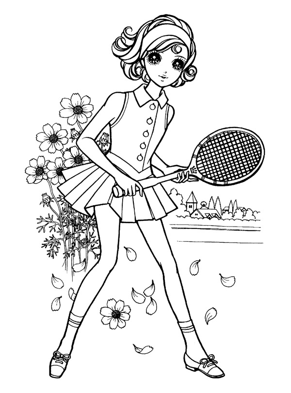 卡通少女打網球填色插畫图片