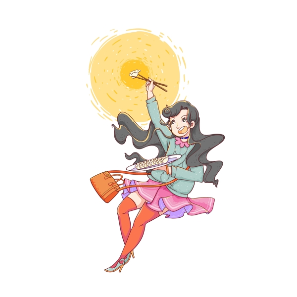 彩绘吃饺子的少女人物设计
