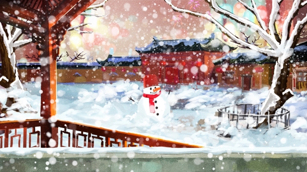 唯美手绘冬季雪地冬季雪景小雪大雪插画