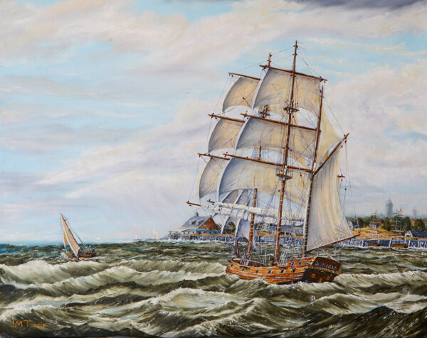 海面上的帆船油画图片