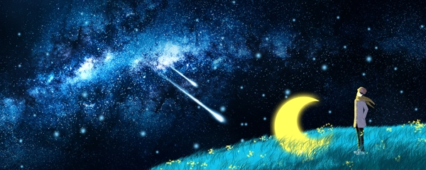 流星天空插画卡通唯美月亮背景