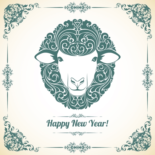 绿色手绘绵羊头新年贺卡矢量素材