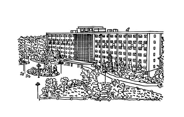 手绘建筑植物场景矢量黑白线条学校
