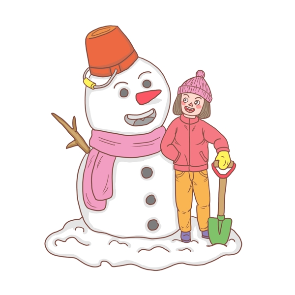 冬季冬日女孩和雪人卡通手绘