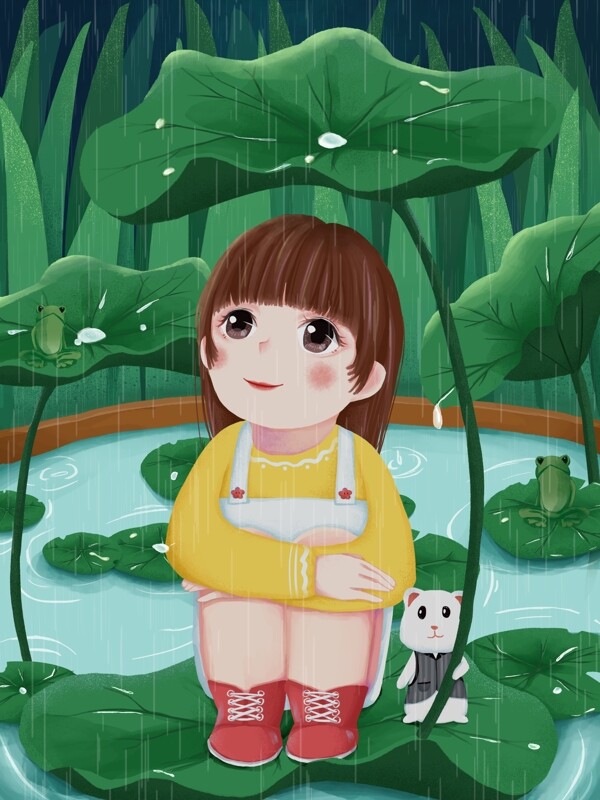 五月池塘仓鼠举荷叶给小女孩遮雨肌理插画