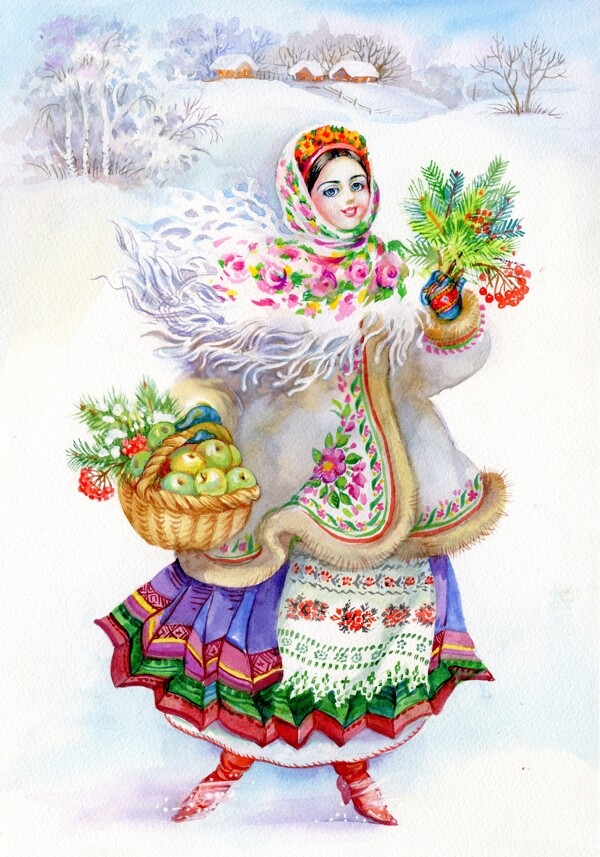 拿着水果篮的外国古代美女插画图片