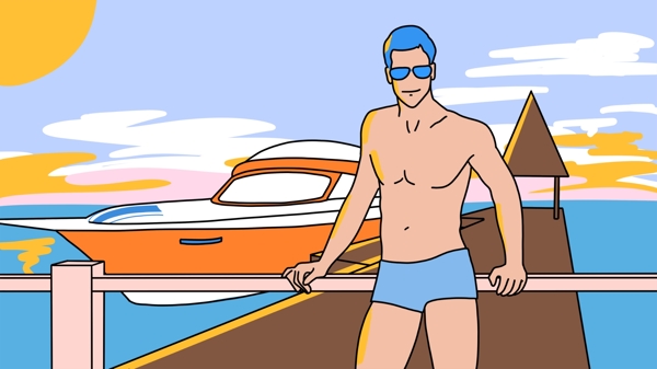 描线风美式海边游艇男性插画