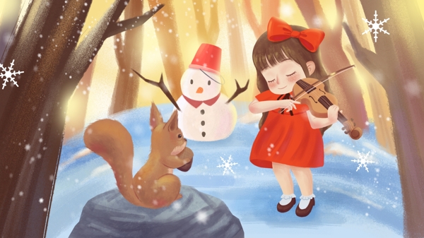 治愈系暖色调冬天女孩在森林拉小提琴