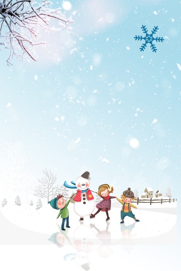 滑雪堆雪人清新冬季卡通手绘广告背景