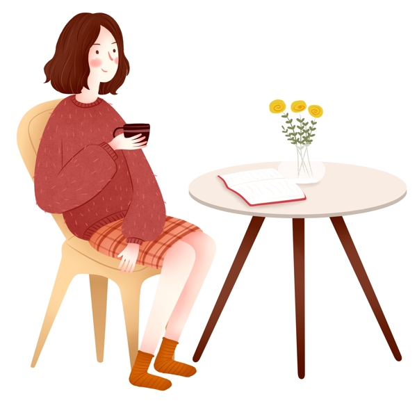 小清新冬天宅家喝茶的女孩