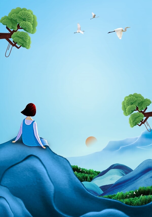 坐在山顶上看风景的女孩重阳节背景素材